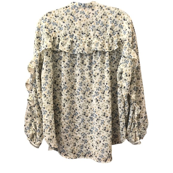Max studio, women’s, ivory floral print top w/ spiral ruffle trim at sleeves / S - Picture 2 of 15